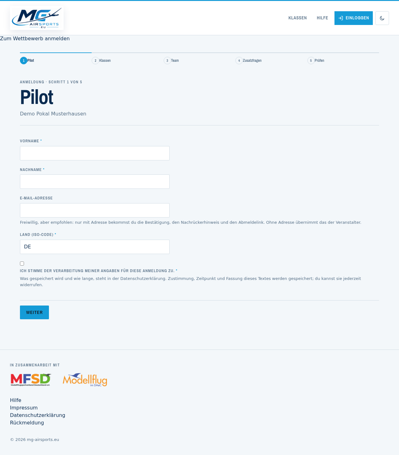 Schritt 1 ohne Konto: Name und Land sind Pflicht, die E-Mail-Adresse nicht.