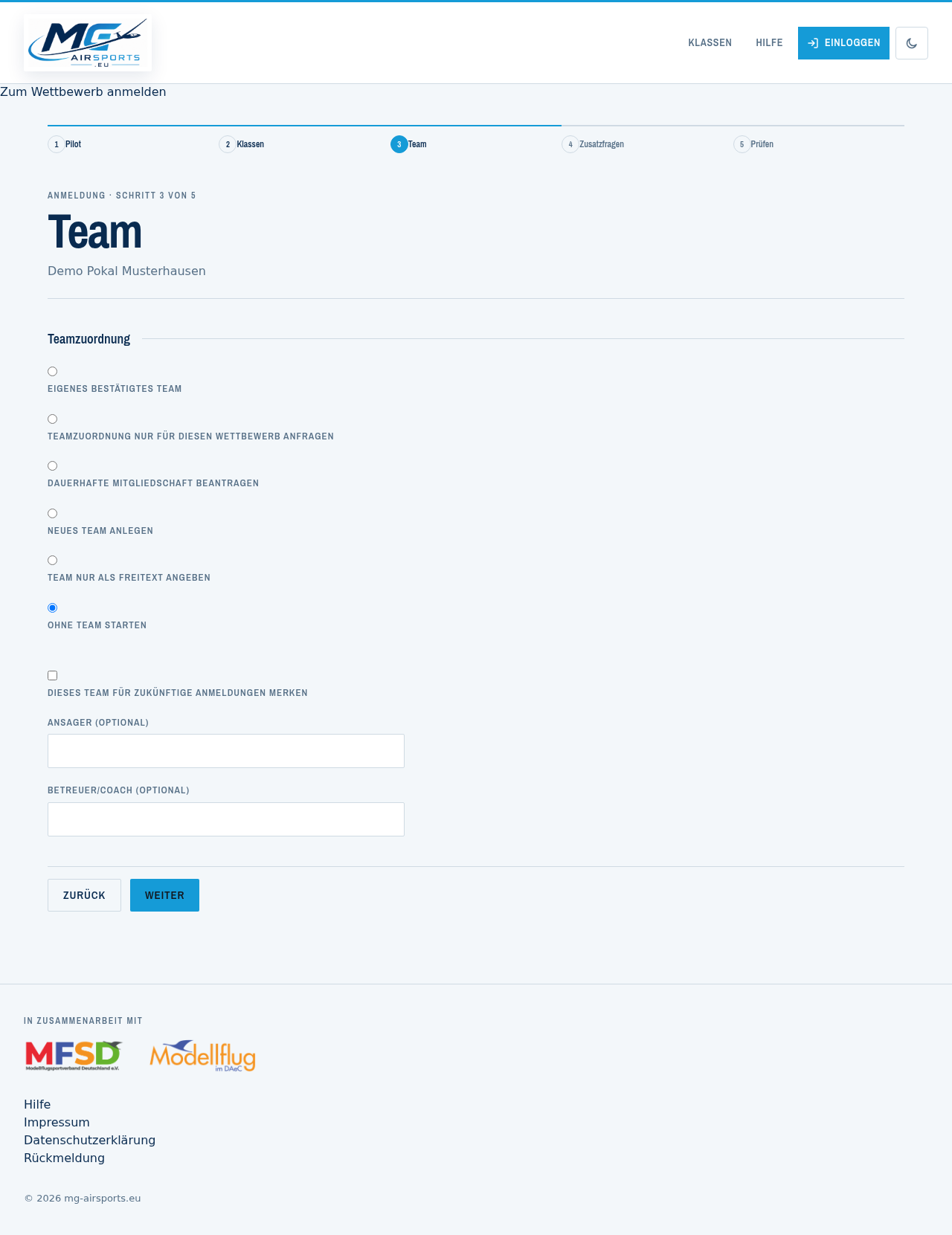 Schritt 3: Team wählen, beitreten, neu anlegen oder als Text angeben.