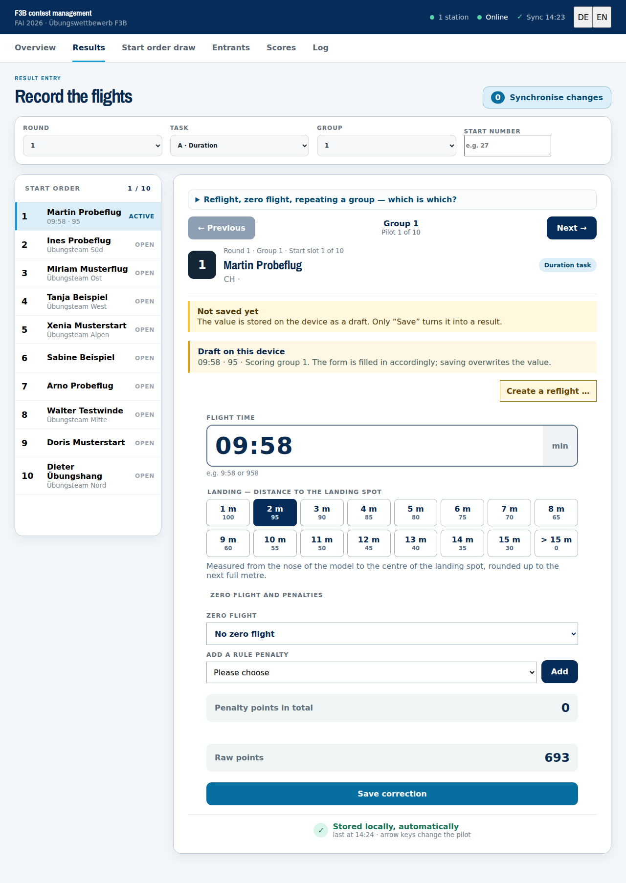 Filled in: flight time, landing bonus, and the calculation below with raw points and penalties kept apart.