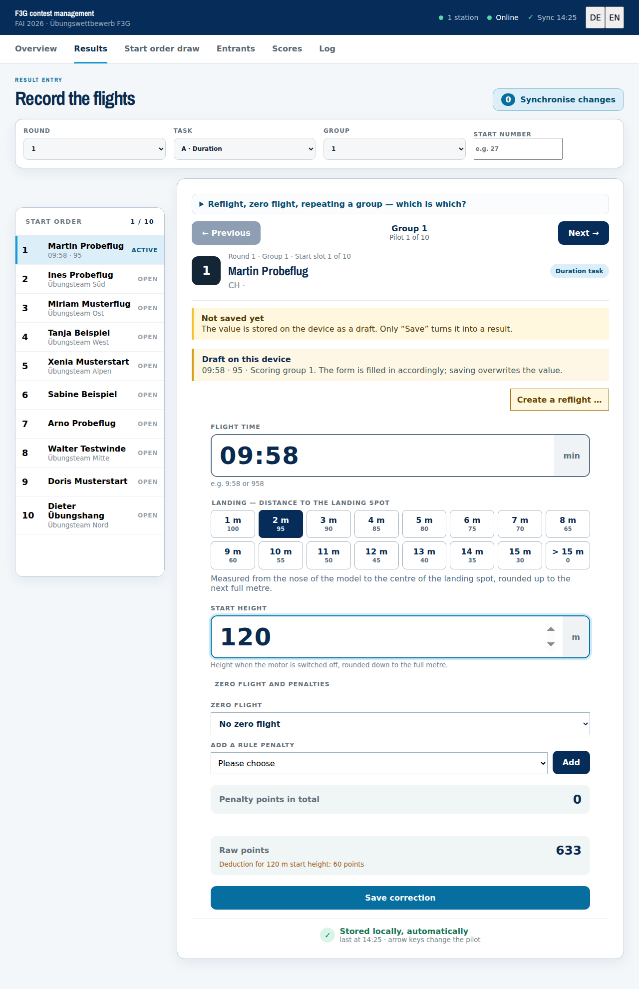 Filled in: flight time, landing bonus, and the calculation below with raw points and penalties kept apart.