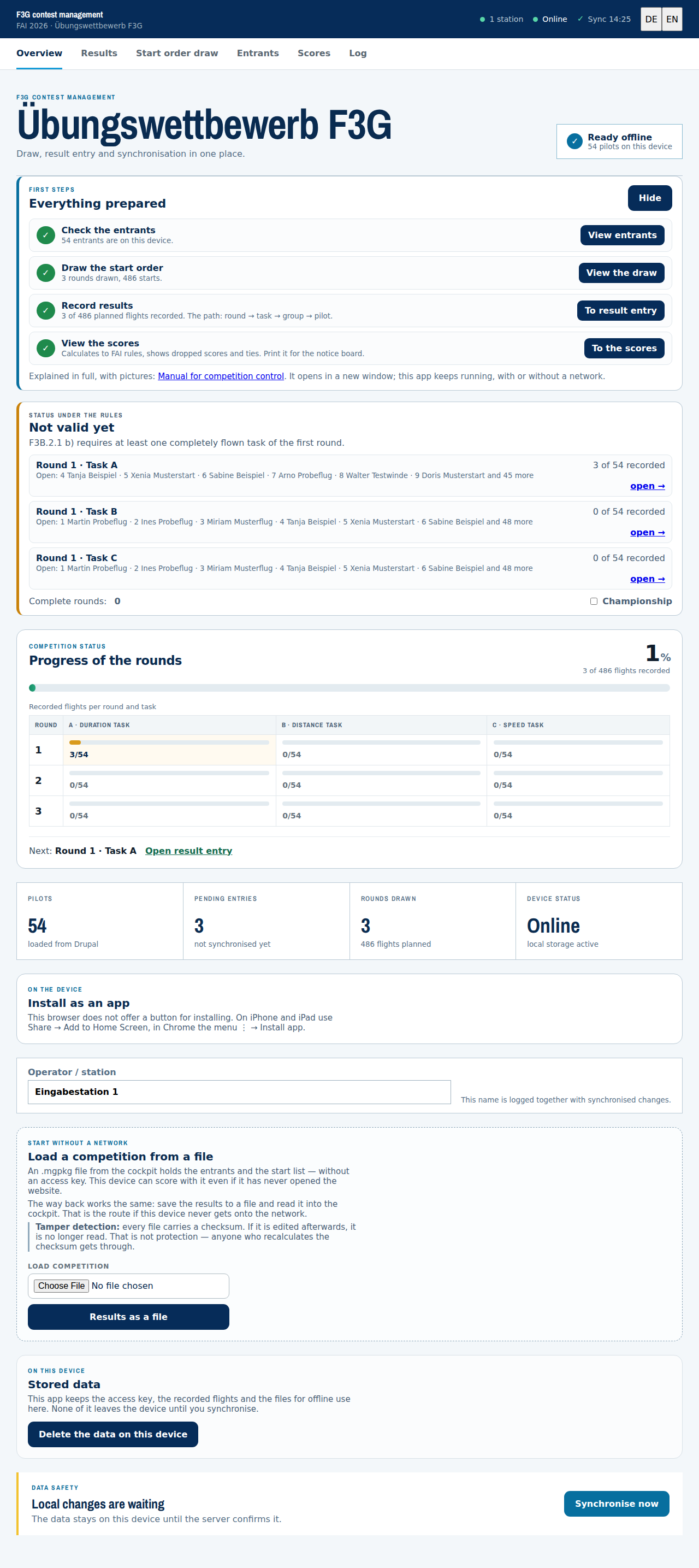 After three recorded flights: progress, the grid per round and task, and the next open item.