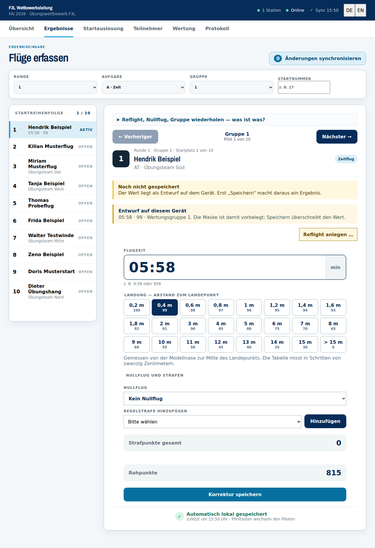 Ausgefüllt: Flugzeit, Landepunkte, und die Rechnung darunter mit Rohpunkten und Strafen getrennt.