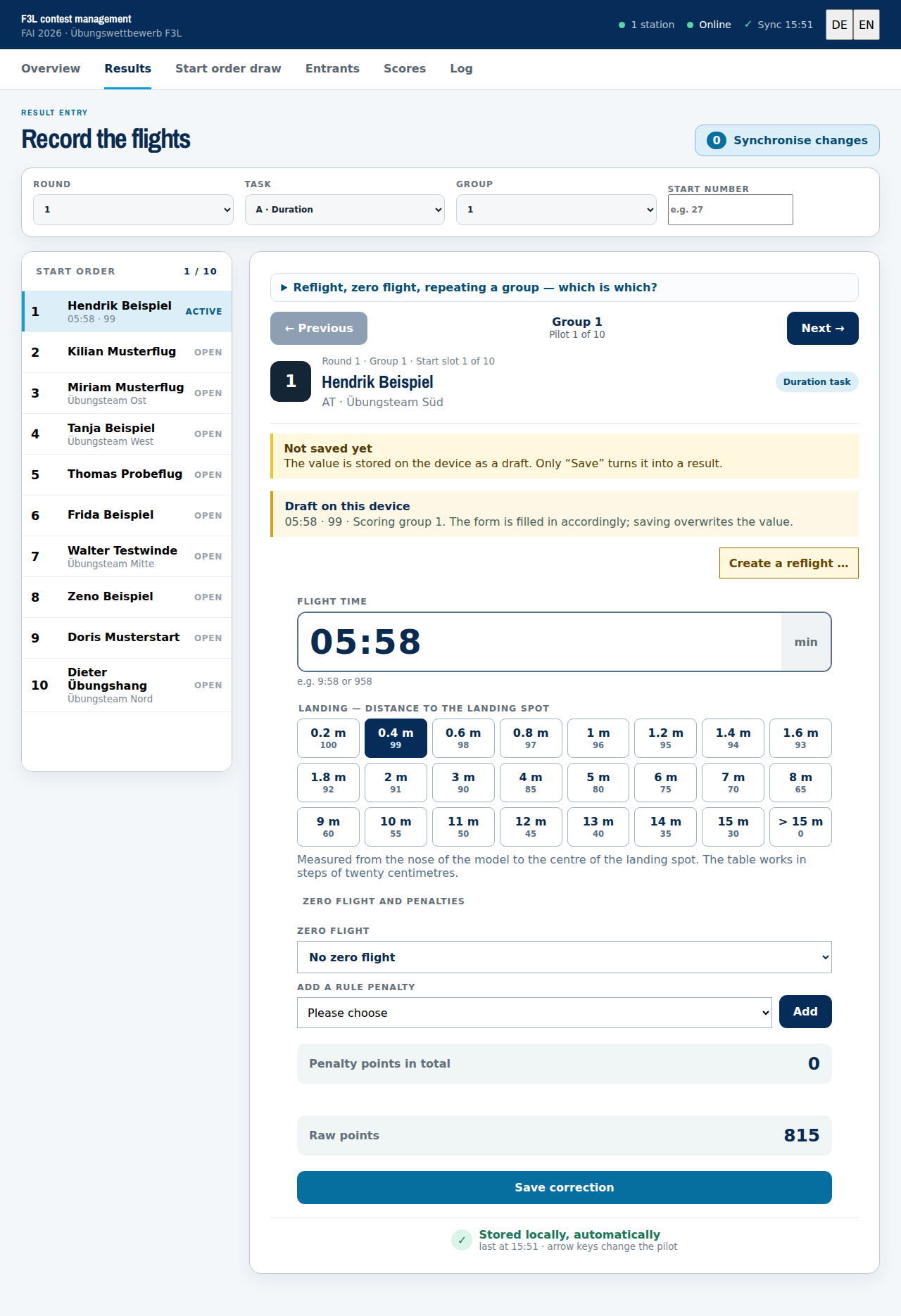 Filled in: flight time, landing bonus, and the calculation below with raw points and penalties kept apart.