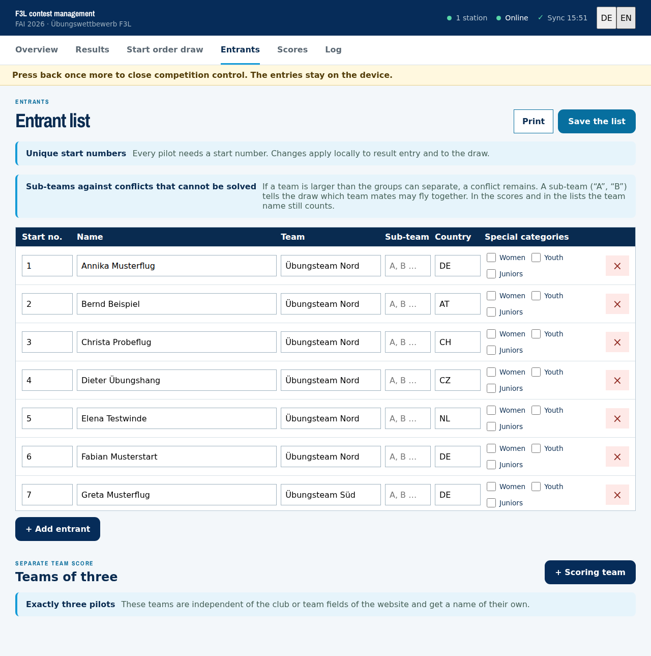 Entrants with start numbers, club and country, available offline.