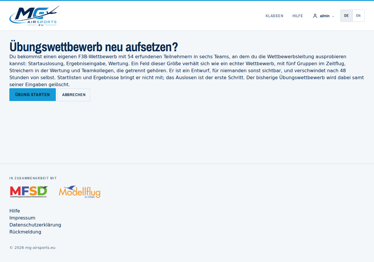 Der Übungswettbewerb wird über ein Formular angelegt. Ein Aufruf erzeugt Daten, deshalb kein einfacher Verweis.
