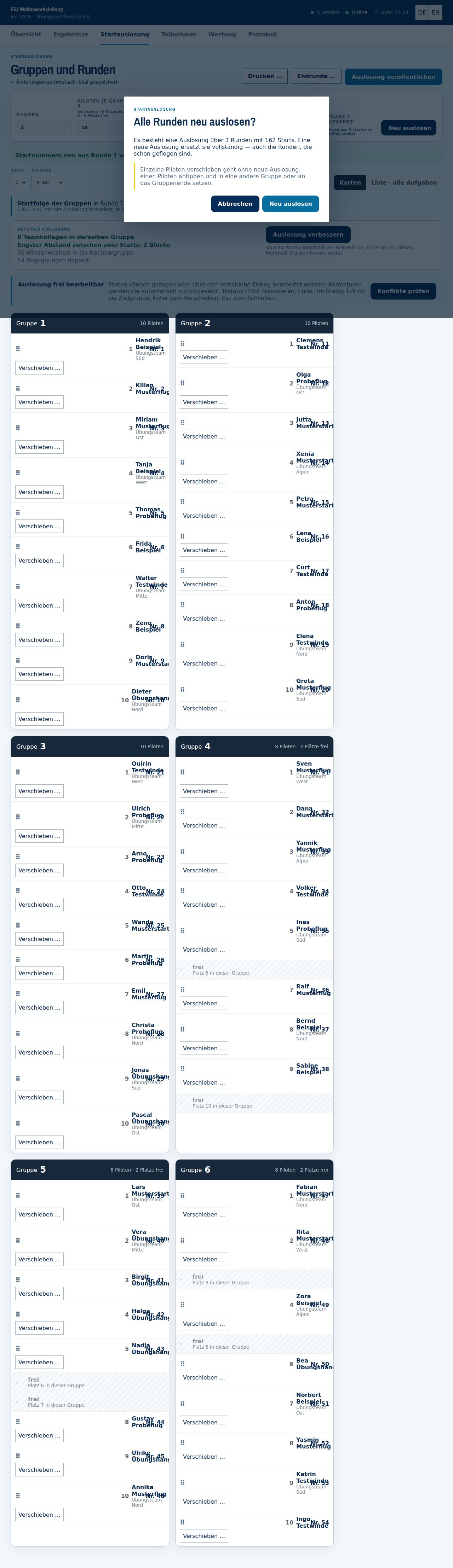 Ausgelost: Gruppen je Runde, verschiebbar, mit Konfliktprüfung und Druckansicht.