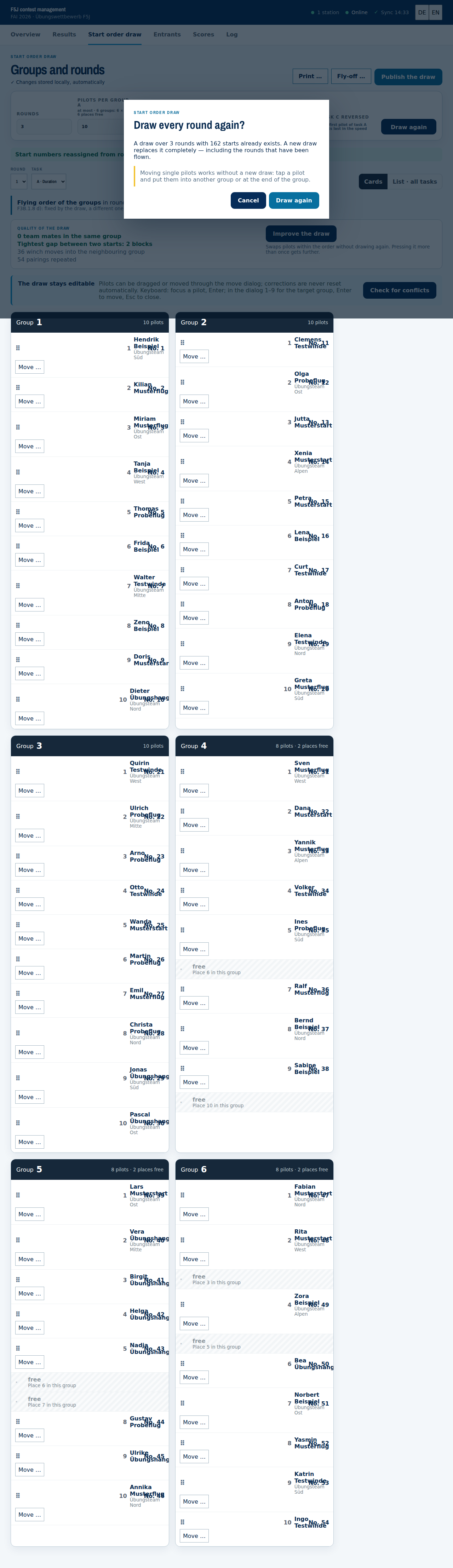 Drawn: groups per round, movable, with conflict check and print view.