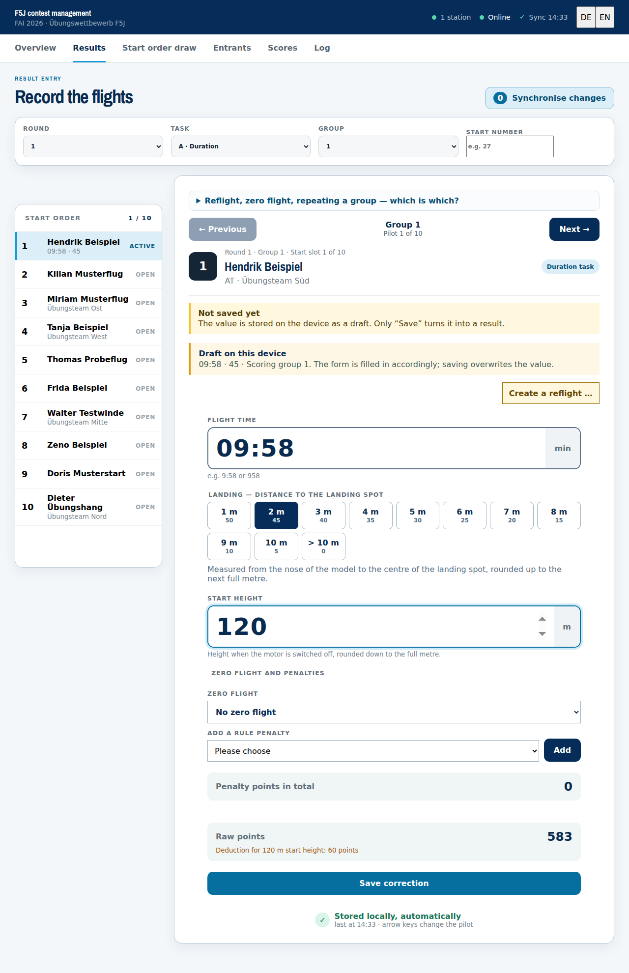 Filled in: flight time, landing bonus, and the calculation below with raw points and penalties kept apart.