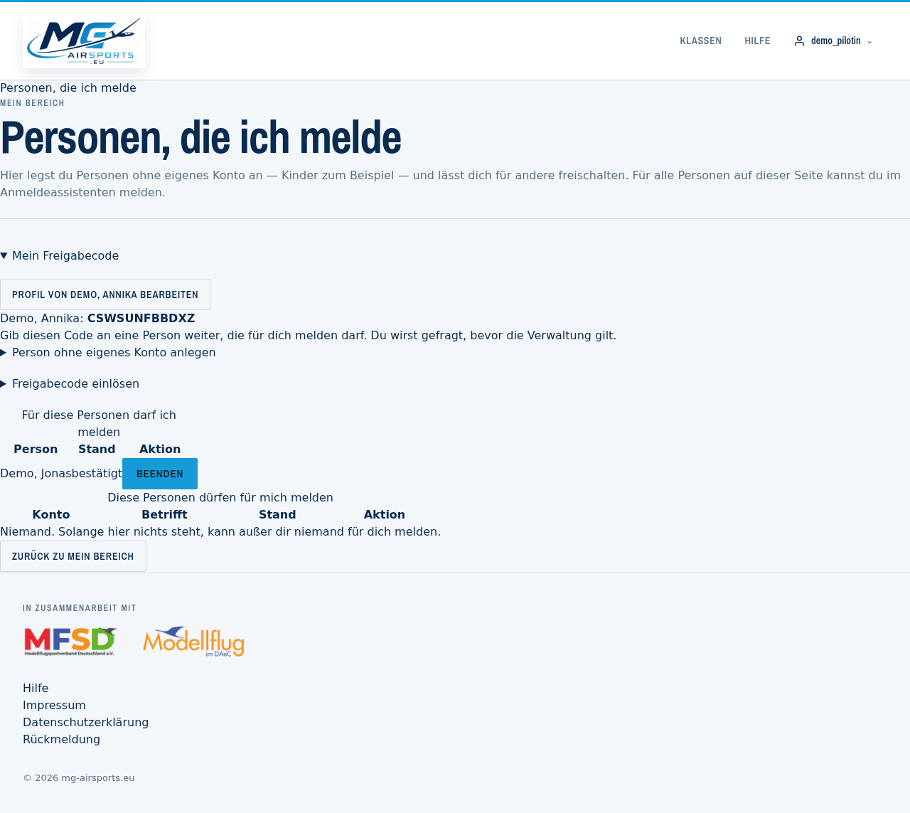 Personen, die ich melde: anlegen, Freigabecode einlösen, Verwaltung beenden.