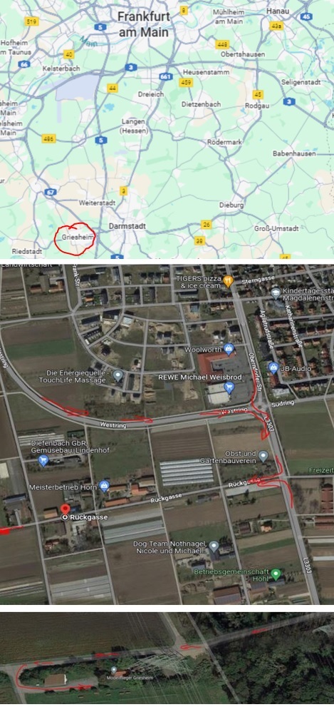 Anfahrt zum Modellflugplatz Griesheim: Für das Navi am besten 64347 Griesheim, Rückgasse eintragen. Den Feldweg bis zur Hochspannungsleitung fahren (Strommast linke Seite vom Feldweg, ca. 1,5km). Am Strommast noch ca. 150m weiterfahren, dann links auf den Parkplatz des Modellflieger Club fahren.
